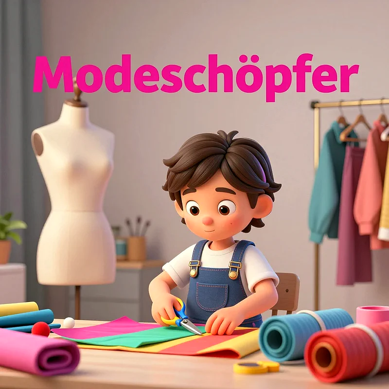 Ein animiertes Kind sitzt an einem Holztisch, schneidet bunte Stoffe mit einer Schere. Im Hintergrund sind eine Schneiderpuppe und ein Kleiderständer mit farbenfrohen Kleidungsstücken zu sehen, die Kreativität und Handwerk betonen.