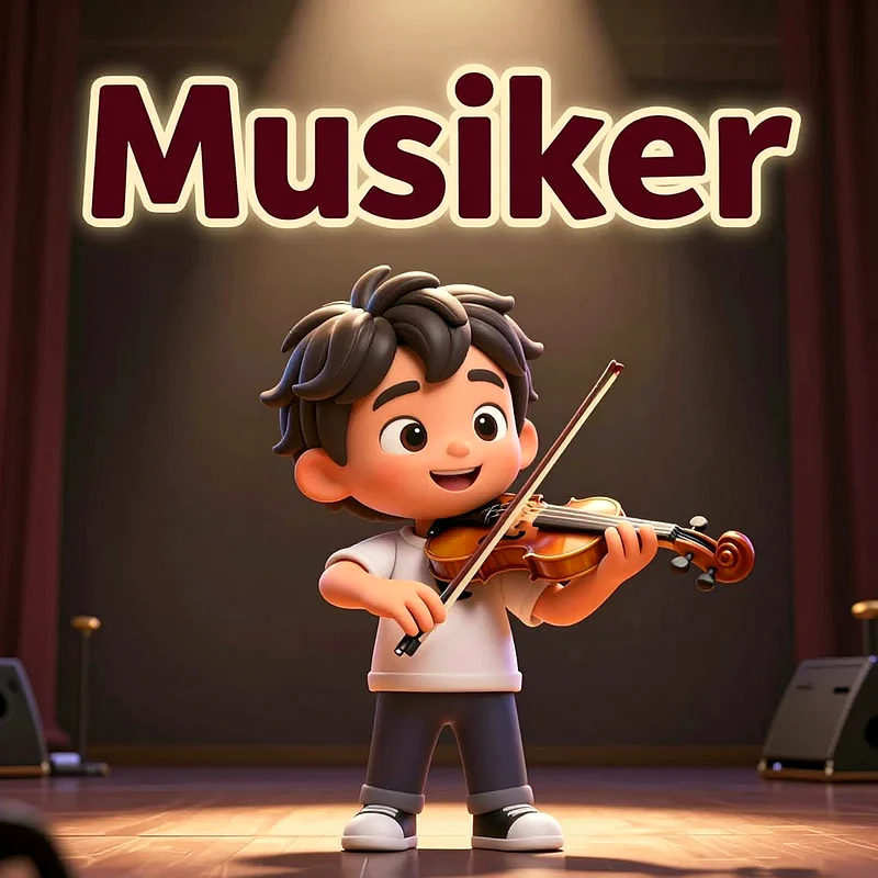 Ein süßer 3D-Cartoon-Junge mit braunen Haaren spielt lächelnd Violine auf einer dunklen Bühne. Er trägt ein weißes T-Shirt und dunkle Hose, von einem warmen Lichtstrahl beleuchtet.