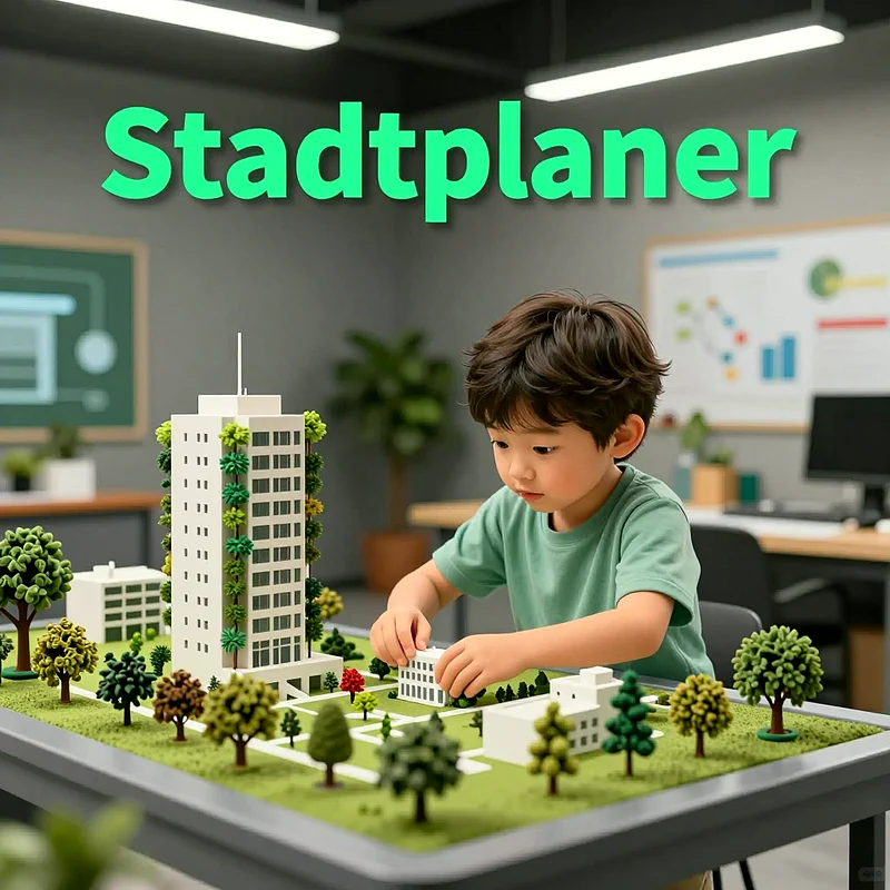 Ein kleiner Junge mit dunklem Haar in einem grünen T-Shirt spielt konzentriert an einem detaillierten Stadtmodell. Er platziert ein weißes Gebäude neben einem Hochhaus mit grünen Ranken und vielen Miniaturbäumen auf einer grünen Platte. Im Hintergrund ist ein Klassenzimmer zu sehen.