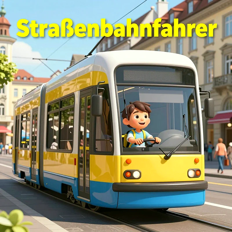 Ein fröhlicher Zeichentrick-Junge sitzt lächelnd am Steuer einer gelb-blauen Straßenbahn. Er trägt einen Rucksack, während die Bahn durch eine belebte Stadt fährt.
