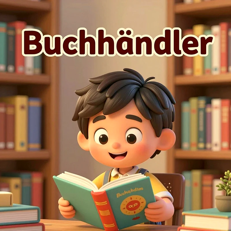 Ein fröhlicher Zeichentrickjunge mit dunklem Haar und gelbem Shirt sitzt an einem Holztisch. Er vertieft sich in ein türkisfarbenes Buch. Im Hintergrund sind volle Bücherregale und eine kleine Pflanze zu sehen.