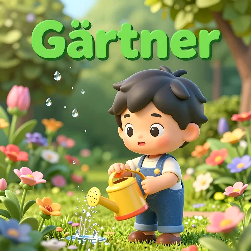 Niedlicher Cartoon-Junge in blauer Latzhose gießt mit gelber Gießkanne farbenfrohe Blumen auf einer grünen Wiese. Er lächelt freundlich, umgeben von Wassertropfen und Bäumen. Oben steht der grüne Schriftzug "Gärtner".