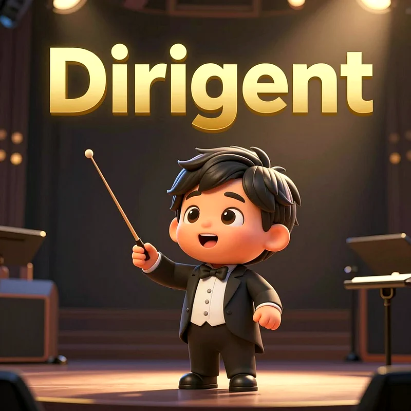 3D animierter Junge im Smoking mit goldenem Dirigenstab auf einer dunklen Bühne unter hellen Scheinwerfern und goldenem Wort