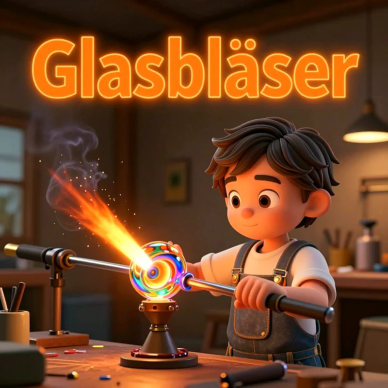 3D-animierter Junge als Glasbläser in Werkstatt. Junge mit braunem Haar und blauen Overalls steht vor Tisch und blewertfarbiges glas mit brenner. Hintergrund zeigt werkzeug, fenster und warme beleuchtung.