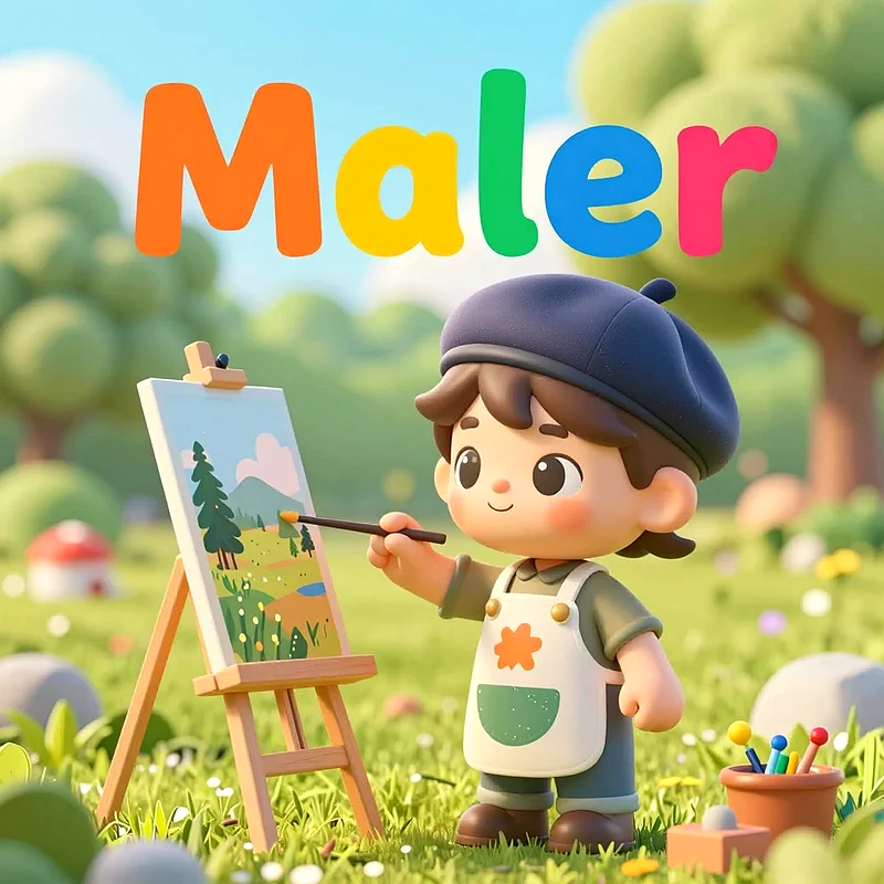 Ein niedliches 3D-Cartoon-Kind mit blauem Barett und weißer Schürze malt ein Landschaftsbild auf einer Staffelei. Das grüne Feld ist sonnig, mit Bäumen und blauem Himmel. Buntstifte sind in einem Topf zu sehen.