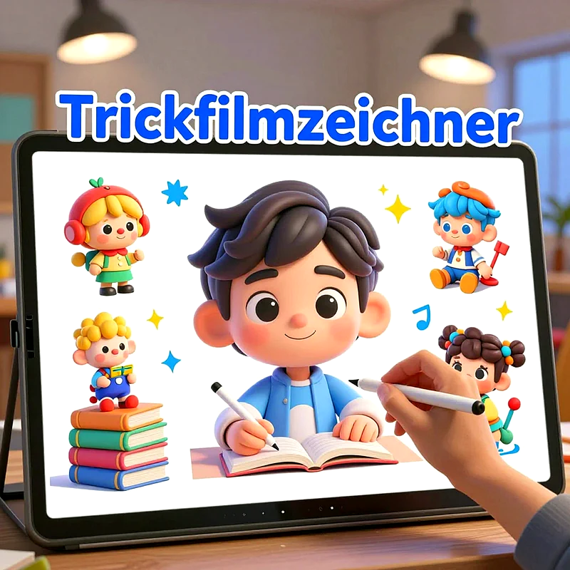 Ein Junge zeichnet auf einem Tablet, umgeben von bunten Trickfilmfiguren und Schulbüchern. Eine Hand hält einen Stylus, der auf den Bildschirm zeigt. Die Schrift 'Trickfilmzeichner' steht oben mittig.