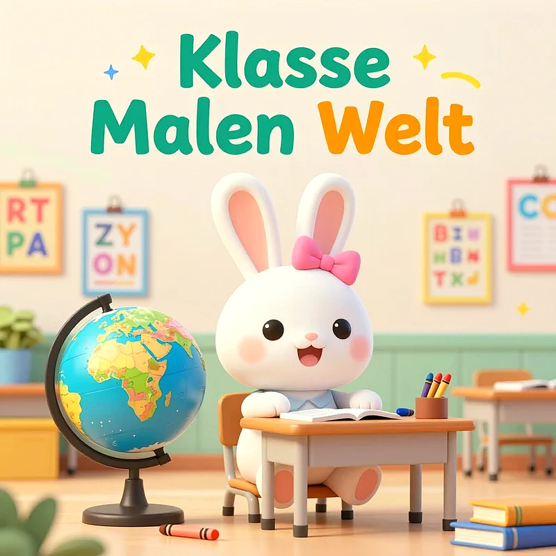 Ein niedlicher weißer Pilzcharakter mit ausgestreckten Armen steht in einem hellen Klassenzimmer neben dem großen Titeltext und farbenfrohen Kreidezeichnungen an der Wand.