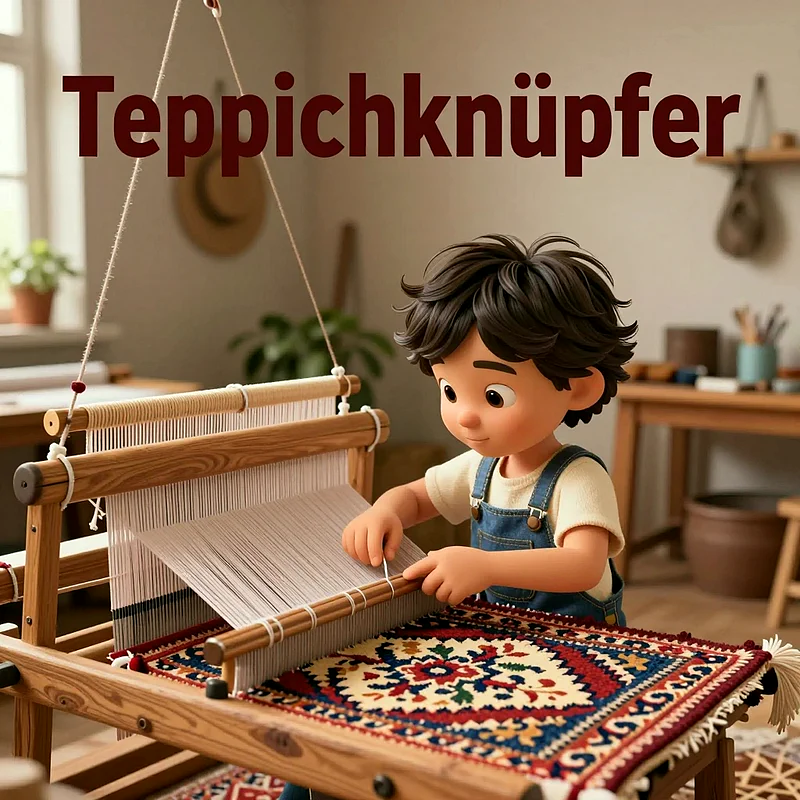 Ein niedlicher Junge in Overalls konzentriert sich bei der Teppichknüpfung an einem Holzwedel. Im Hintergrund stehen Pflanzen und Werkzeuge, während er ein farbenfrohes Muster mit Quasten herstellt, eine lehrreiche Aktivität für den Kunstunterricht.