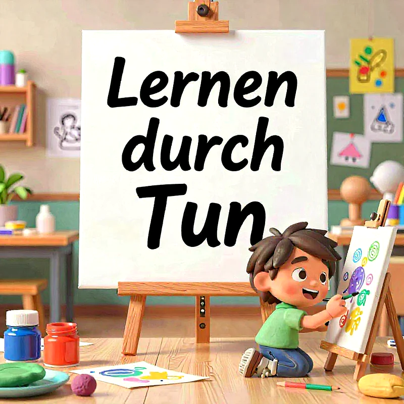 Ein lächelnder Cartoon-Junge kniet vor einer Staffelei und malt bunte Bilder. Im Hintergrund steht eine größere Staffelei mit dem Text „Lernen durch Tun“. Eine Schulklasse-Umgebung mit Bastelmaterialien ist zu sehen.