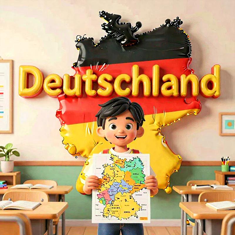 Ein lächelnder Cartoon-Junge hält eine bunte Deutschlandkarte in einem freundlichen Klassenzimmer. Im Hintergrund schwebt ein großer Ballon in Form Deutschlands mit der Aufschrift 'Deutschland'. Schulbänke stehen im Raum.