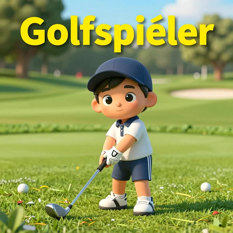 Ein kleiner, lächelnder Zeichentrickjunge in blauer Kappe und Poloshirt, der konzentriert einen Golfschläger auf einem grünen Rasen hält, mit Golfbällen um ihn herum.