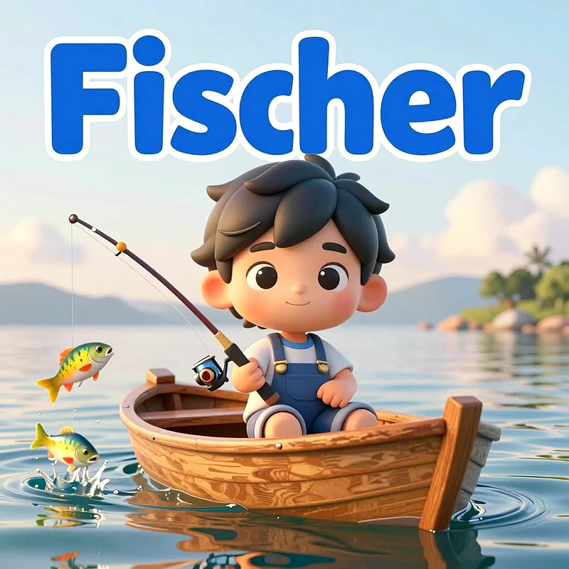 Niedlicher Cartoon-Junge mit dunklen Haaren, blauer Latzhose, sitzt lächelnd in einem Holzboot auf dem Wasser. Er hält eine Angel. Zwei bunte Fische springen neben dem Boot. Grüne Uferlandschaft unter hellblauem Himmel.