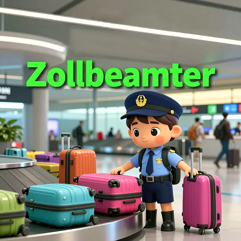 Ein kleiner Zeichentrick-Zollbeamter in blauer Uniform und Mütze steht lächelnd an einem Flughafen-Gepäckband. Er schiebt eine pinke Reisetasche, umgeben von bunten Koffern.