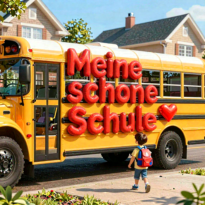 Ein Kind mit rotem Rucksack geht auf einen gelben Schulbus zu. Am Bus hängen rote Ballonbuchstaben: „Meine Schöne Schule“ und ein Herz. Im Hintergrund sind Häuser unter blauem Himmel zu sehen.