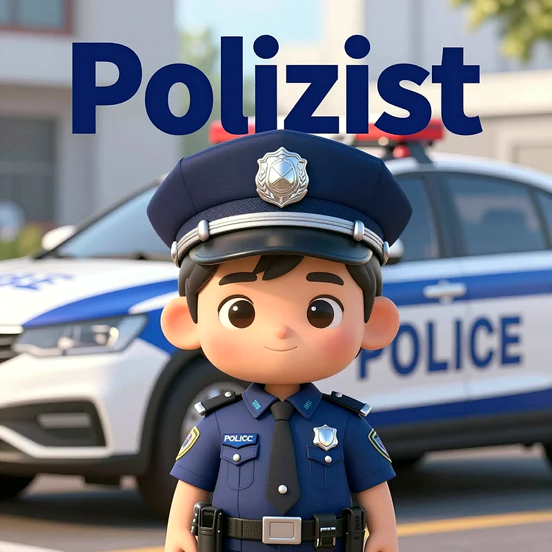 Eine liebevolle, animierte Darstellung eines lächelnden Jungen in dunkelblauer Polizeiuniform mit Mütze und Abzeichen. Im Hintergrund parkt ein weiß-blaues Polizeiauto unter einem klaren Himmel. Das Bild ist farbenfroh und kindgerecht gestaltet.