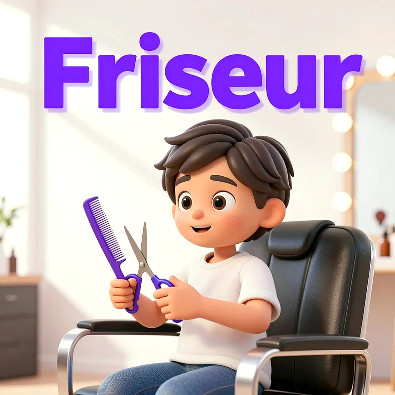 Ein lachender Cartoon-Junge sitzt im Friseurstuhl. Er hält stolz eine lilafarbene Schere und einen passenden Kamm. Über ihm schwebt das Wort 'Friseur' in leuchtendem Lila. Ein heller Salon ist im Hintergrund.