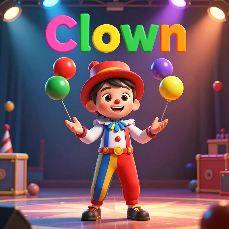 Ein lächelnder 3D-Cartoon-Clown mit rotem Hut und bunten Kleidern jongliert auf einer beleuchteten Bühne farbige Ballons. Darüber steht das Wort 'Clown' in leuchtenden Großbuchstaben, umgeben von Scheinwerfern.
