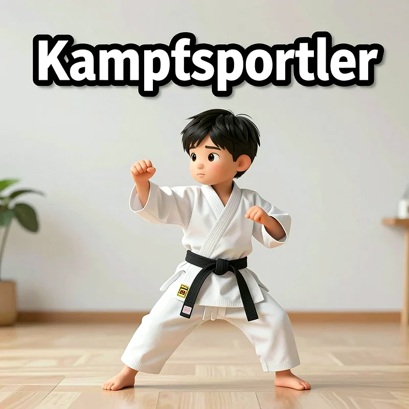 Ein süßer Cartoon-Junge mit schwarzen Haaren und einem weißen Karate-Anzug steht in Kampfposition auf einem Holzboden. Er trägt einen schwarzen Gürtel. Im Hintergrund ist eine helle Wand mit einer grünen Pflanze.