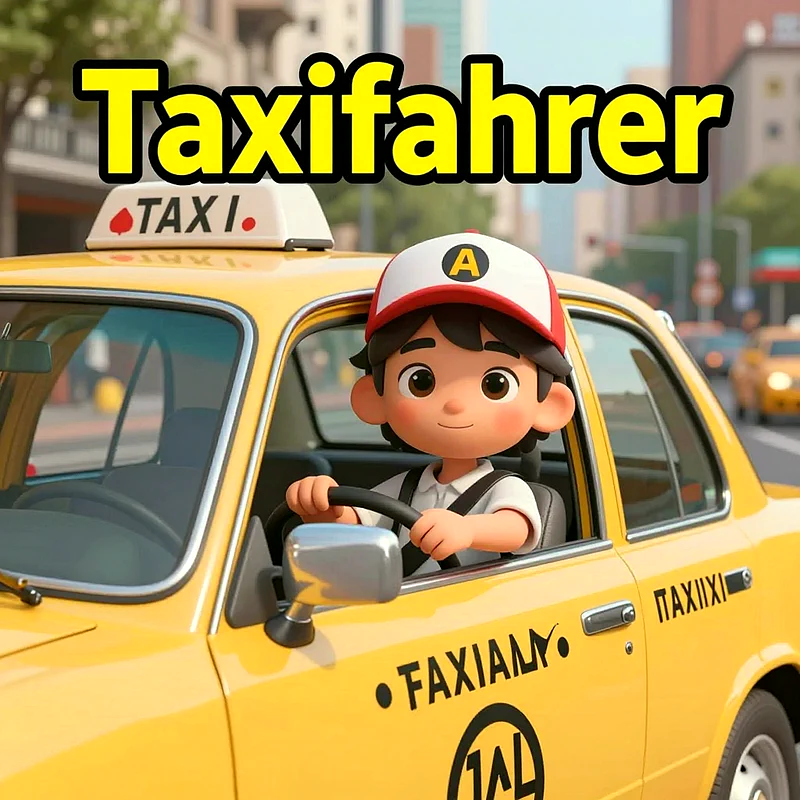 Ein stilisiertes, fröhliches Kind in einer gelben Taxifahrerkappe sitzt am Steuer eines sonnengelben Taxis. Im Hintergrund eine belebte Stadtkulisse, und über dem Auto steht der Begriff 'Taxifahrer'.