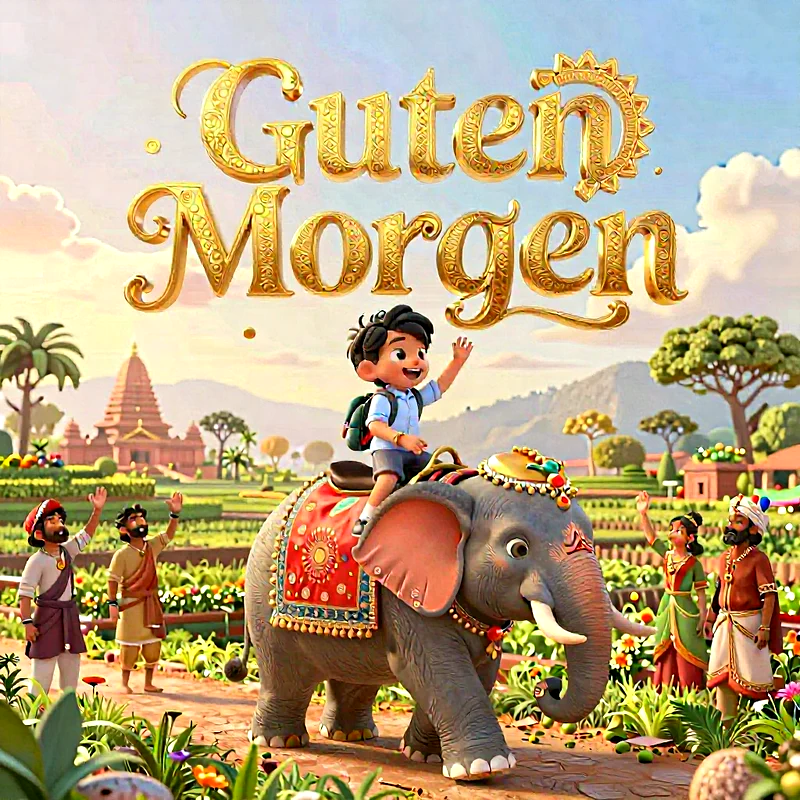 Ein lachender Junge mit Rucksack reitet auf einem prachtvoll geschmückten Elefanten durch eine exotische, indisch anmutende Landschaft. Mehrere winkende Figuren stehen am Wegesrand unter goldenen Schriftzeichen 'Guten Morgen'.
