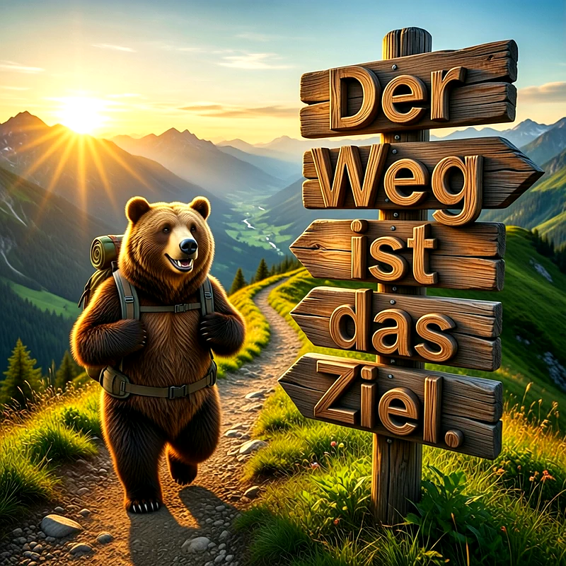 Ein brauner Bär mit vollem Wander-Rucksack läuft fröhlich auf einem steinigen Weg durch eine grüne Berglandschaft. Neben ihm steht ein altes hölzernes Wegweiser-Schild, auf dem in großen Buchstaben zu lesen ist: Der Weg ist das Ziel. Sonnenstrahlen brechen durch die Gipfel im Hintergrund.