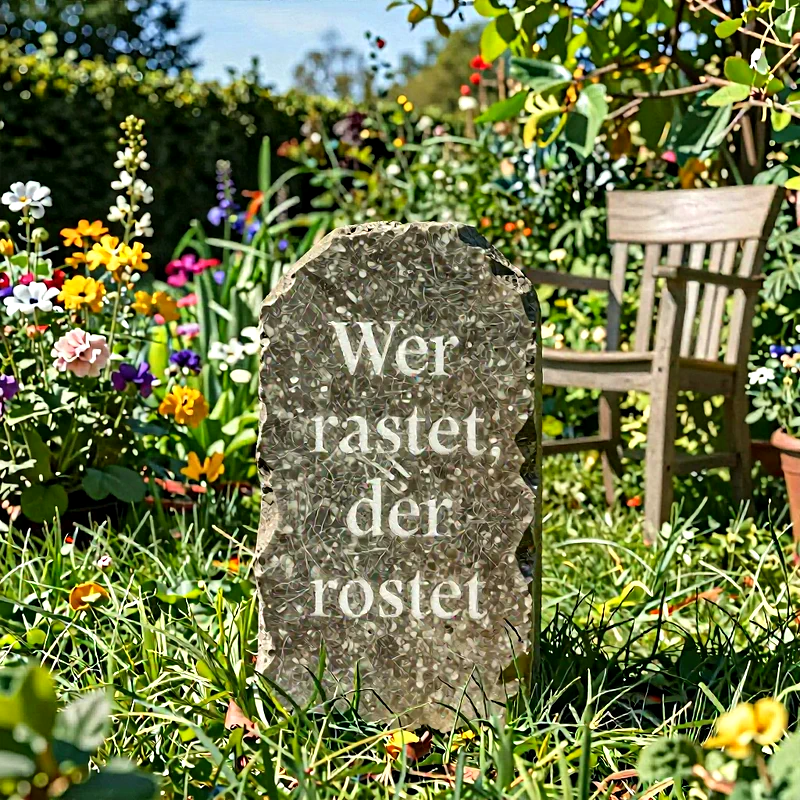 Ein grauer, rauer Stein mit der Inschrift „Wer rastet, der rostet“ steht in einem blühenden Garten. Bunte Blumen und grünes Gras umgeben ihn. Im Hintergrund ist ein Holzstuhl zu sehen.