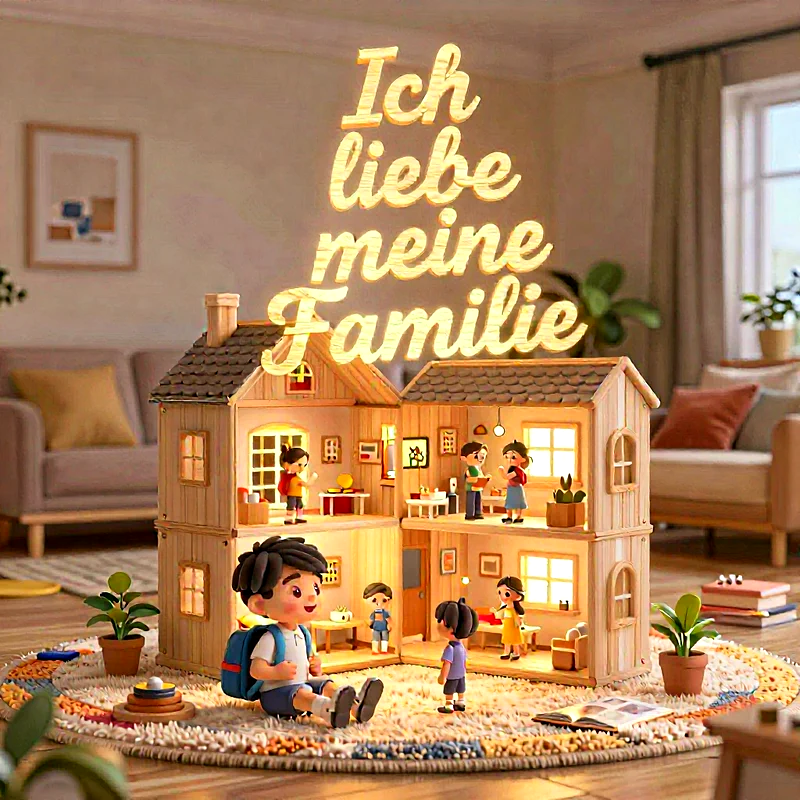 Ein niedliches Puppenhaus mit leuchtendem Schriftzug steht im wohnzimmer. Kleine figuren mit schulranzen im inneren und auf dem teppich davor.