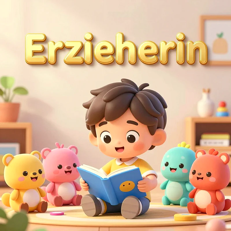Ein entzückender Cartoon-Junge mit braunem Haar liest auf einem gemütlichen Teppich einem Kreis bunter Plüschtiere aus einem blauen Buch vor. Über ihm schwebt das goldene Wort „Erzieherin“ in einem hellen, freundlichen Raum.