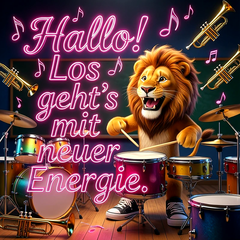 Ein fröhlicher Cartoon-Löwe spielt enthusiastisch Schlagzeug vor einer grünen Tafel. Neonpinker Leuchtschriftzug "Hallo! Los geht's mit neuer Energie." und goldene Trompeten zieren das Bild. Lebhafte Farben und musikalische Noten umgeben das Motiv.