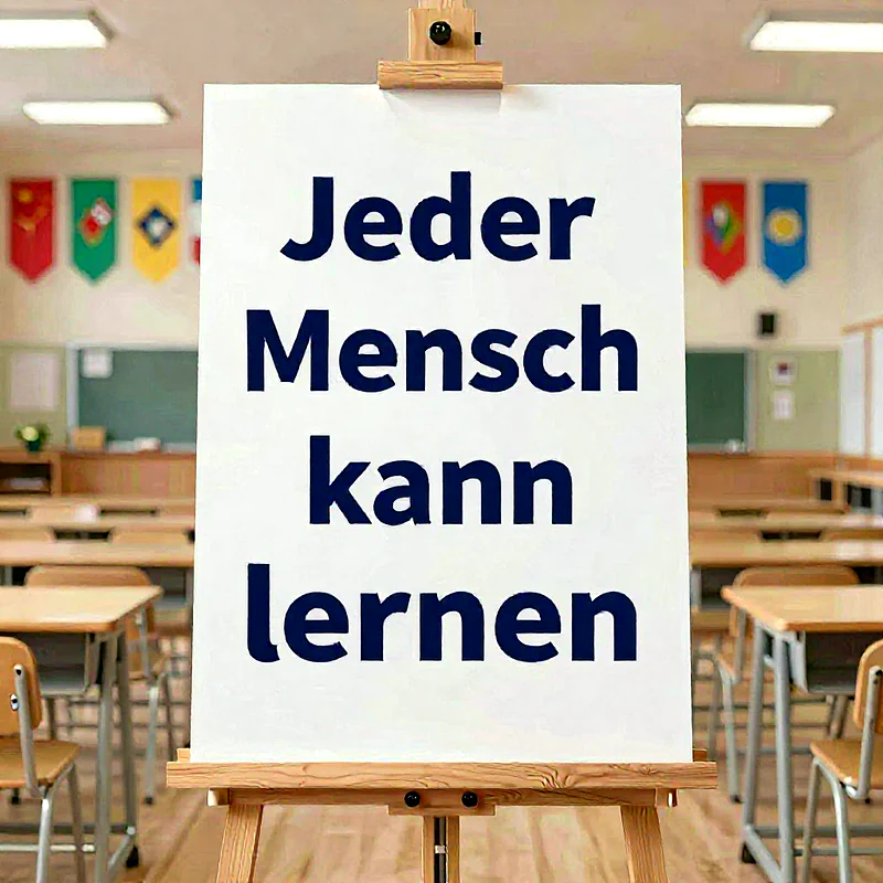 Eine weiße Leinwand auf einer Holzstaffelei steht mittig in einem leeren Klassenzimmer. Darauf ist in dunklen Buchstaben der Text „Jeder Mensch kann lernen“ zu lesen. Im Hintergrund sind schulische Tische und Stühle zu erkennen.