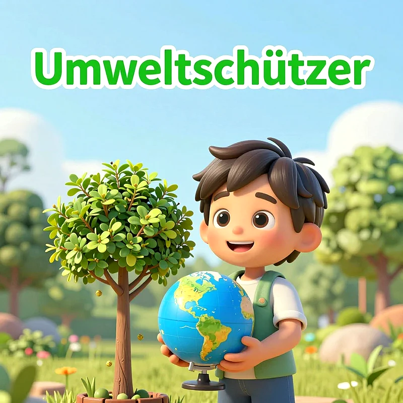 Fröhlicher 3D-Junge hält eine Erdkugel im grünen Wald neben einem Zweig mit Text Umweltschützer.