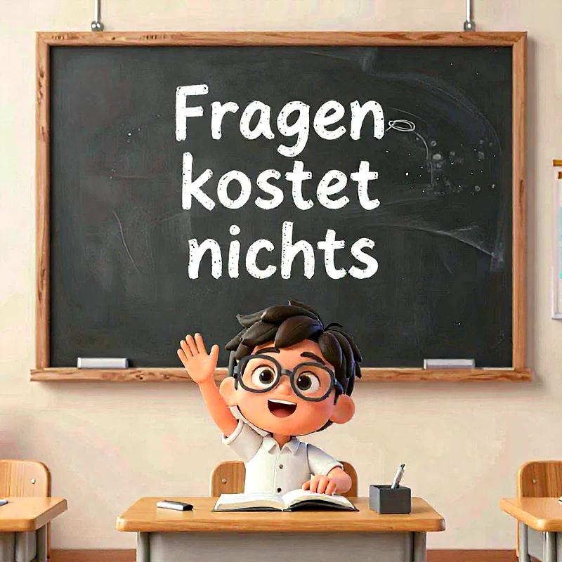 Ein fröhlicher Cartoon-Junge mit Brille und braunen Haaren sitzt an einem Holzschreibtisch in einem Klassenzimmer. Er streckt begeistert seine rechte Hand zum Melden hoch. Hinter ihm hängt eine klassische schwarze Schultafel mit der weißen Kreideschrift "Fragen kostet nichts".
