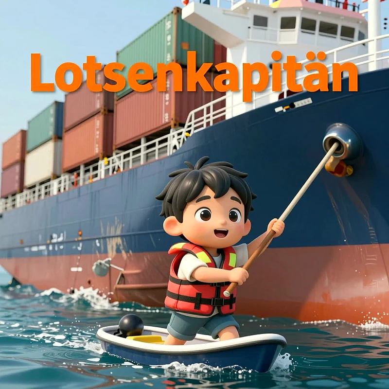 Ein niedliches Cartoon-Kind in roter Schwimmweste steht in einem kleinen blauen Boot und steuert mit einem Stock ein großes Frachtschiff. Das Meer glitzert, der Himmel ist blau. Das Bild trägt den Text 'Lotsenkapitän'.