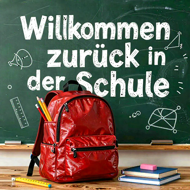 Ein leuchtend roter Schulrucksack voller Buntstifte steht auf einem Holztisch. Dahinter eine grüne Tafel mit der weißen Kreideschrift: 'Willkommen zurück in der Schule'. Bücher und ein Radiergummi liegen bereit. Eine inspirierende Szene zum Schulbeginn.