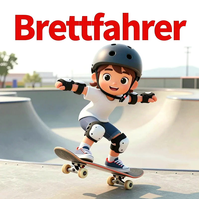 Ein lachender Zeichentrickjunge mit dunklen Haaren, schwarzem Helm und Schutzausrüstung skatet auf einem Brett in einem hellen Skatepark. Er trägt weißes Shirt, blaue Shorts und lächelt mutig. Über ihm prangt das Wort 'Brettfahrer'.