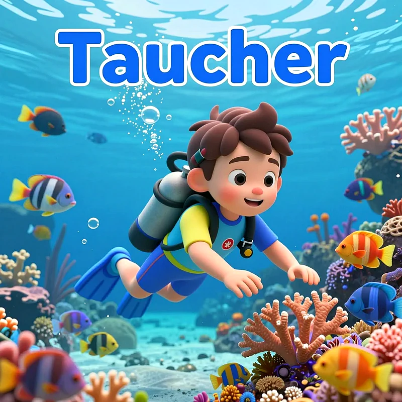 Ein fröhlicher kleiner Zeichentrick-Junge als Taucher mit Flossen und Sauerstoffflasche schwimmt unter Wasser. Bunte Korallen und tropische Fische umgeben ihn in einer lebhaften Meereslandschaft.
