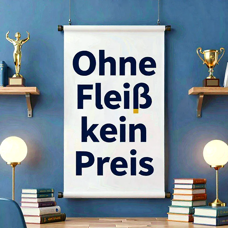 Eine weiße Schriftrolle mit der Aufschrift "Ohne Fleiß kein Preis" hängt vor einer blauen Wand. Darunter stehen Bücherstapel und goldene Lampen auf einem Holzschreibtisch, flankiert von Pokalen auf Wandregalen.