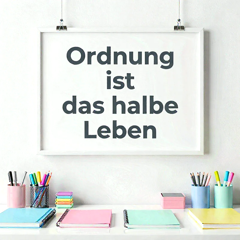 Ein weiß gerahmtes Bild mit dem Spruch „Ordnung ist das halbe Leben“ hängt an einer weißen Wand. Darunter ein aufgeräumter Schreibtisch mit bunten Notizbüchern, Stiftehaltern und Schreibutensilien in Pastellfarben.