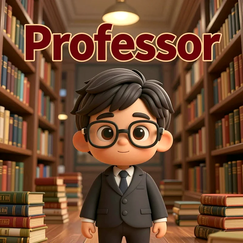 3D animierter Cartoon Junge mit schwarzer Brille und grauem Anzug steht selbstbewusst in einer Bibliothek zwischen hochstehenden Bücherregalen und Stapeln altgedruckter Werke am Boden.