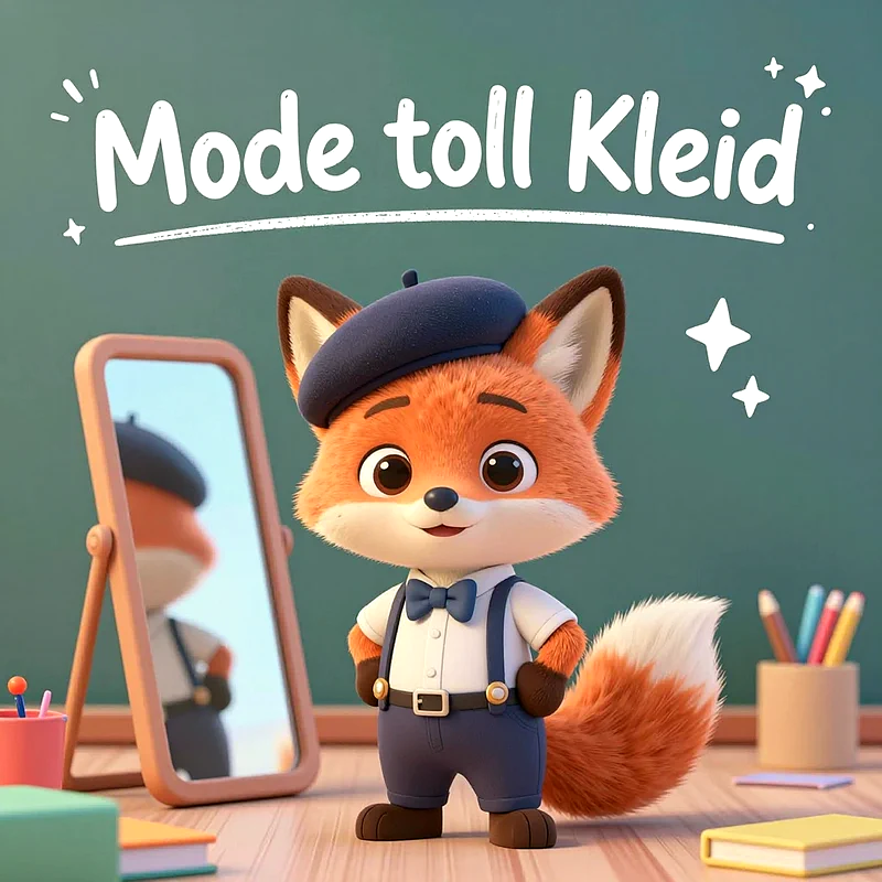 Niedlicher kleiner Fuchs in stilvoller Kleidung mit Baskenmütze, Fliege und Hosenträgern steht stolz neben einem Spiegel vor einer Kreidetafel mit Stiften und Büchern.