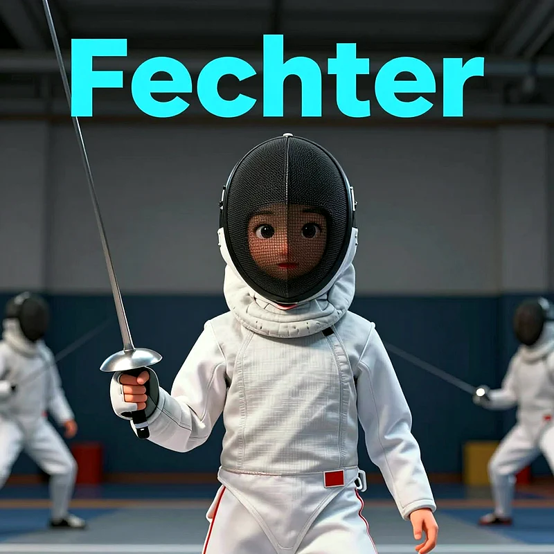 Eine junge, animierte Fechterin ist frontal von der Brust aufwärts zu sehen, trägt einen schwarzen Helm, der nur ihre entschlossenen Augen und ihren Mund offenbart. Sie hält einen glänzenden Säbel in weißer Uniform, während im unscharfen Hintergrund weitere Fechter trainieren.