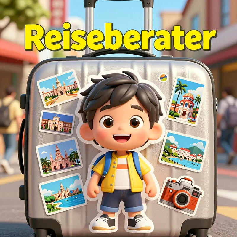 Ein stilisiertes Bild eines Jungen-Charakters als Aufkleber auf einem silbernen Rollkoffer. Der Koffer ist mit weiteren kleinen Reise-Aufklebern und einer Kamera beklebt. Oben steht 'Reiseberater'.
