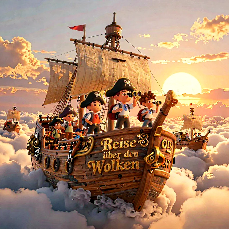 Ein fantasievolles Holzschiff mit animierten Piratenkindern segelt durch ein Wolkenmeer bei Sonnenuntergang. Kinder blicken mit Fernrohren. Der Schriftzug „Reise über den Wolken“ ist auf dem Schiff zu lesen. Weitere Schiffe im Hintergrund.