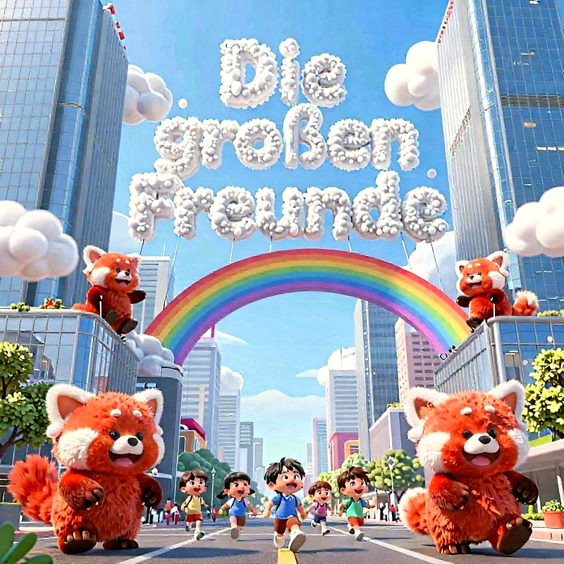 Vier fröhliche Kinder rennen freudestrahlend auf einer modernen Stadtstraße vorwärts, begleitet von zwei niedlichen Rotpandas. Hoch über ihnen formen flauschige Wolken den Schriftzug "Die großen Freunde" unter einem strahlenden Regenbogen. Glasfassaden reflektieren das Licht dieses glücklichen Neubeginns.