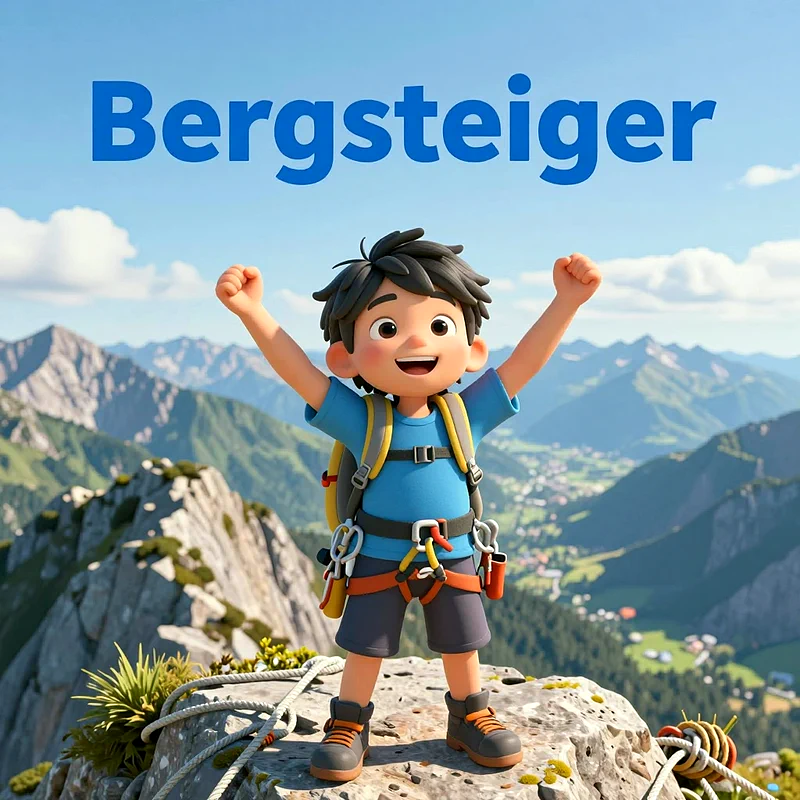 Ein 3D-animierter Junge mit Rucksack und Klettergeschirr steht jubelnd auf einem Berggipfel. Die Arme sind triumphierend erhoben, er blickt glücklich. Eine weite Berglandschaft unter blauem Himmel erstreckt sich dahinter.