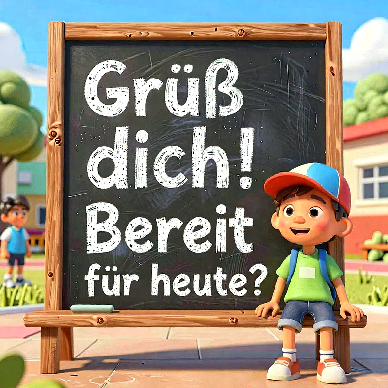 Ein lächelnder Cartoon-Junge mit roter Mütze, grünem T-Shirt und blauem Rucksack sitzt vor einer Schultafel. Darauf steht in Kreideschrift: 'Grüß dich! Bereit für heute?'. Im Hintergrund sind weitere Kinder und Gebäude zu sehen.