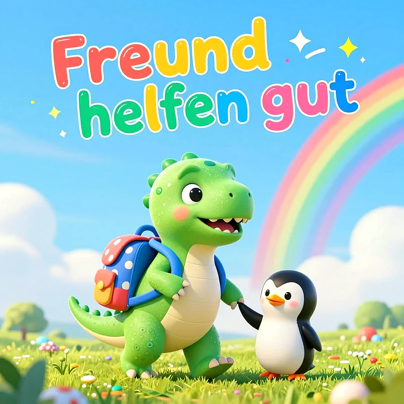 Ein kleiner, lächelnder, grüner Dinosaurier mit blauem Schulranzen hält die Hand eines niedlichen Pinguins. Beide stehen auf einer grünen Wiese unter einem Regenbogen. Die Szene vermittelt Freundschaft und Hilfsbereitschaft.