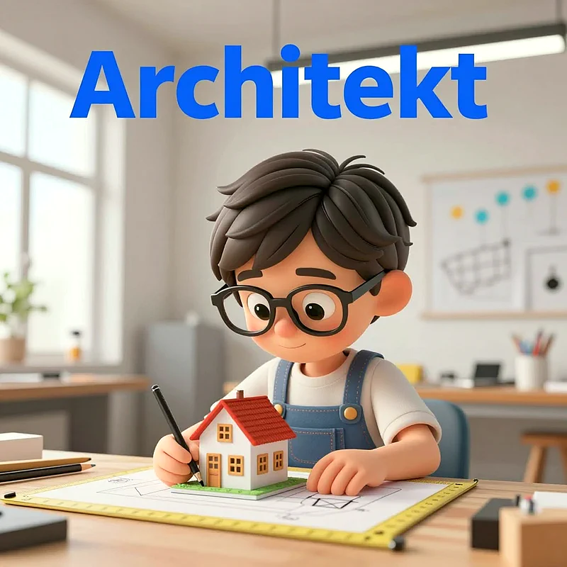Ein süßer Cartoon-Junge mit Brille und Latzhose sitzt am Schreibtisch. Er zeichnet mit einem Stift an einem Plan neben einem kleinen Hausmodell. Oben steht "Architekt" in blauer Schrift.