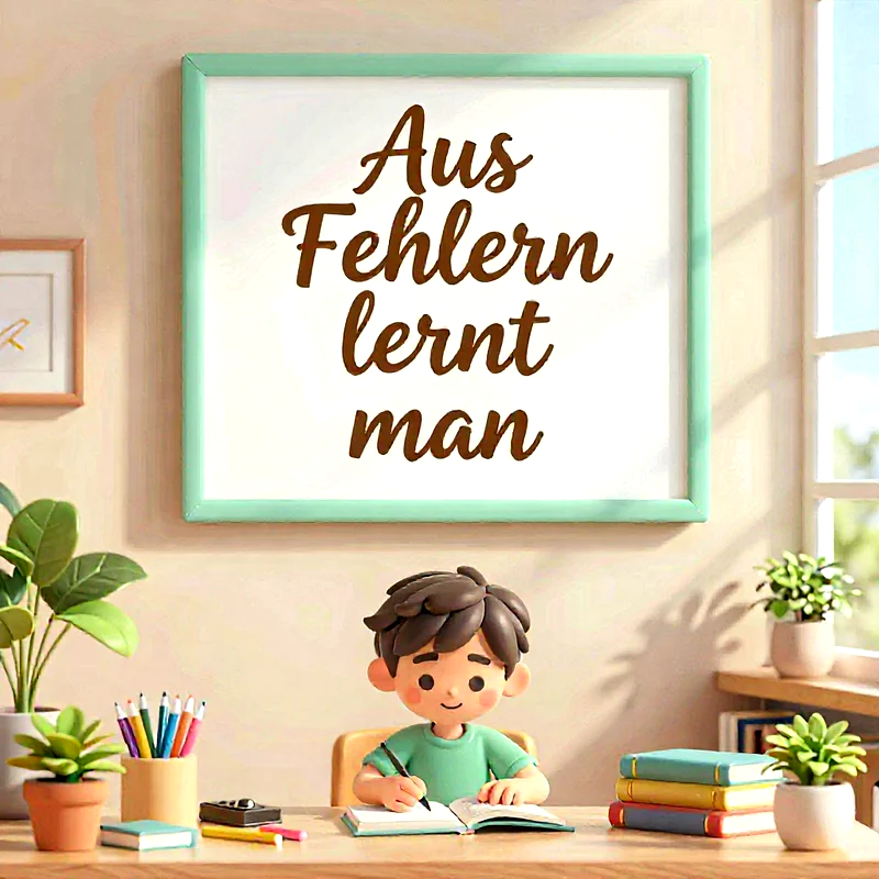 Ein Cartoon-Junge im Claymation-Stil sitzt lächelnd an einem Schreibtisch und schreibt in ein Buch. Über ihm hängt ein mintgrüner Bilderrahmen mit der Aufschrift "Aus Fehlern lernt man". Auf dem hellen Schreibtisch stehen Stifte, Bücher und kleine Topfpflanzen.