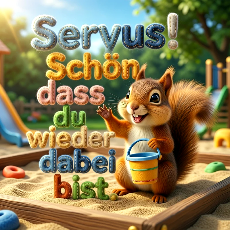 Ein niedliches, flauschiges Eichhörnchen steht in einem Sandkasten und winkt fröhlich. Es hält einen gelben Spielzeugkübel mit blauem Rand in seinen Pfoten. Im Hintergrund sieht man verschwommen bunte Rutschen und Schaukeln eines Spielplatzes. Der Himmel ist blau mit strahlender Sonne. Buntes, gesticktes Schriftzug steht groß im Vordergrund.